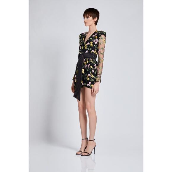 Zhivago In The Garden Floral Mesh Wrap Mini Dress black pink yellow size US 2 - Picture 13 of 15